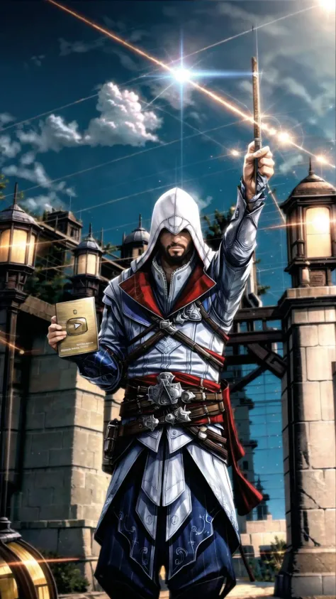<lora:ezio:0.8> ezio soul3142, armor, hood, facial hair, beard, male focus, vambraces, <lora:add_detail:0.3> BREAK, <lora:YoutubeCreatorAward:0.9> (IncrsYTCreatorAward, holding:1.25), (holding up high in the air:1.25), BREAK, dynamic pose, masterpiece, best quality, extremely detailed, highly quality, 4k, sharp focus, professional, sharp focus, award winning, cinematic lighting, octane render, unreal engine, volumetrics dtx, Wallpaper,