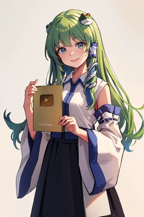 (masterpiece, best quality:1.2), solo, 1girl, kochiya sanae, smile, looking at viewer, IncrsYTCreatorAward, hair tubes, frog hair ornament, snake hair ornament, shirt, long sleeves, wide sleeves, blue skirt <lora:touhou_kochiya:0.9> <lora:YoutubeCreatorAward:1>