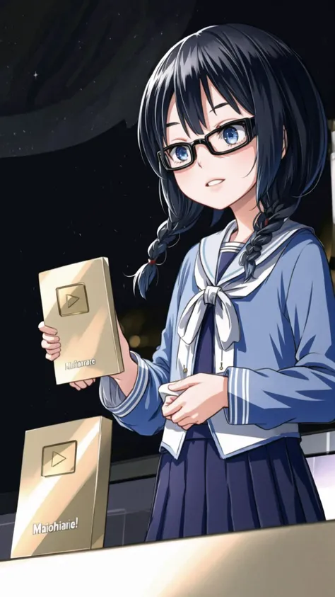 <lora:177013 - Metamorphosis - Emergence:0.8> 1girl, black hair, twin braids, glasses, <lora:add_detail:0.3> BREAK, dynamic pose, <lora:YoutubeCreatorAward:0.8> IncrsYTCreatorAward, holding, masterpiece, best quality, extremely detailed, highly quality, 4k, sharp focus, professional, sharp focus, award winning, cinematic lighting, octane render, unreal engine, volumetrics dtx, Wallpaper,