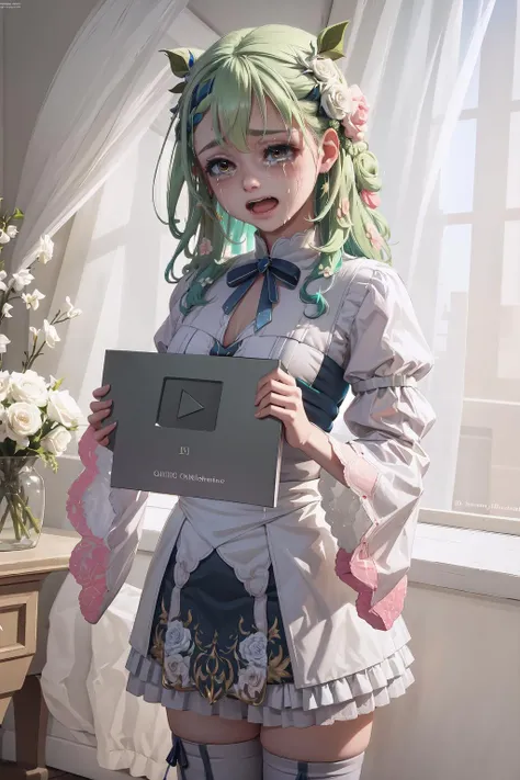 Highly detailed, High Quality, Masterpiece, beautiful, holding, IncrsYTCreatorAward, <lora:YoutubeCreatorAward:1>, 1girl, FaunaBase, long hair, braided bangs, hair flower, blue dress, wide sleeves, single thighhigh, bridal gauntlets, <lora:Char_VTuber_CeresFauna:1>, crying, tears, happy tears,