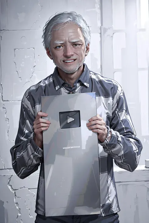 Highly detailed, High Quality, Masterpiece, beautiful, holding, IncrsYTCreatorAward, <lora:YoutubeCreatorAward:1>, harold, <lora:Char_Sigmas_Harold:1>, 1boy, priclothes, striped clothes, <lora:Outfit_Prisoner:0.75>