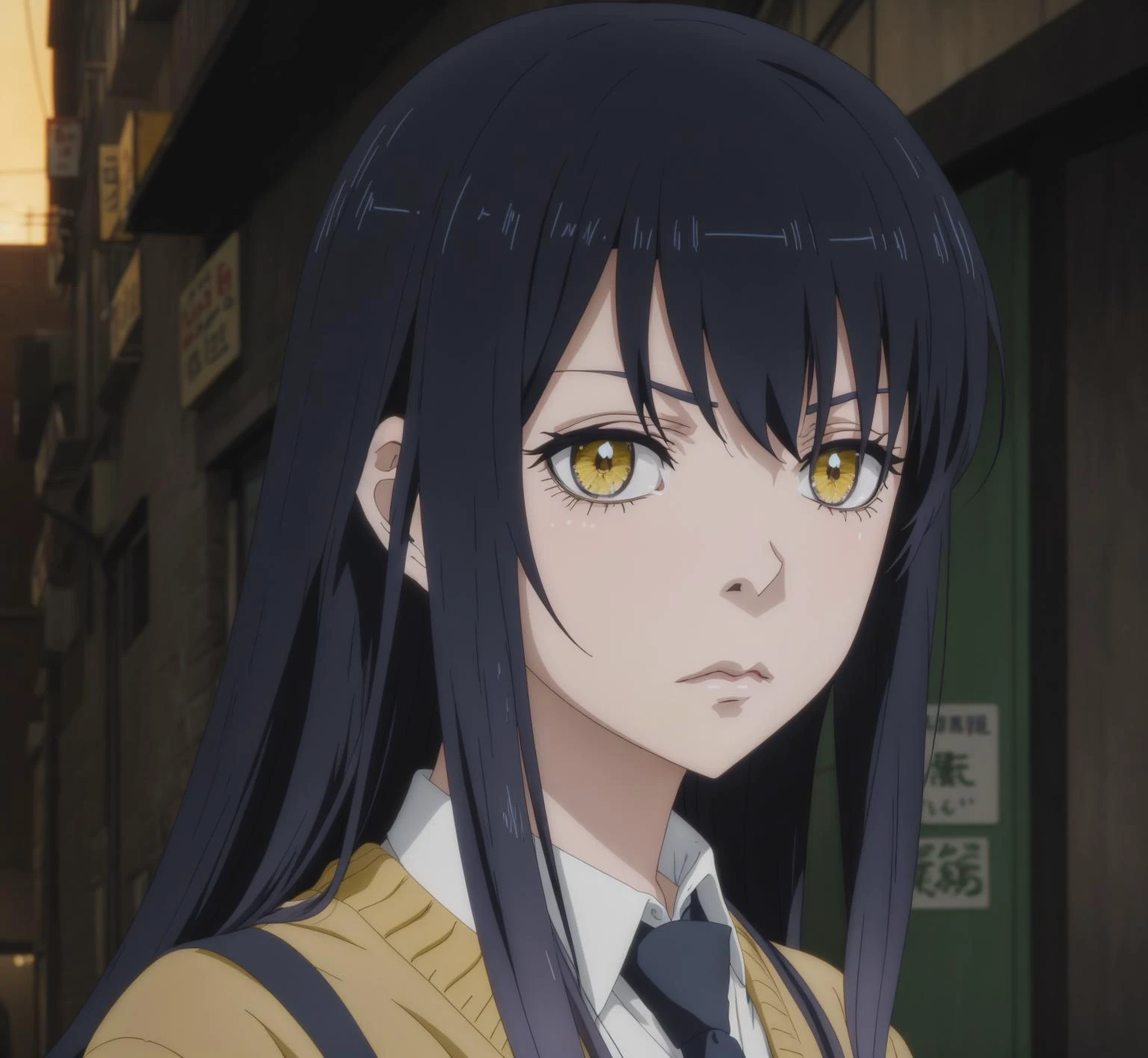 masterpiece, best quality,
(anime screencap:1.2),
"flat color",
<lora:mieruko-chan_v0.3b:0.8> YOTSUYA MIKO,
1girl, solo,
yellow eyes,
break black hair,long hair,
(multicolored hair:0.9), (blue hair:0.9) ,
bangs,
closed mouth,
looking at viewer, sad, worried,
looking over shoulder,
yellow sweater,
white shirt,
blue necktie,
(night), dark,gloom, outdoors,
dark backalley
streets, blue tint