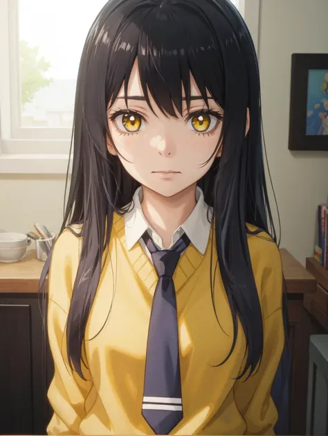 masterpiece ,best qaulity,
[anime screencap:0.34]
 <lora:mieruko-chan_v0.3b:0.7>
 miko yotsuya,MIKO_YOTSUYA, MIERUKO,
constricted pupils, scared, closed mouth, 
yellow eyes, long hair, black hair, multicolored hair, (blue hair:0.9) bangs,[(MULTICOLORED HAIR:0.9):0.31],
break
yellow sweater, blue skirt, pleated skirt, blue necktie,
facing viewer, looking at viewer, 
standing,