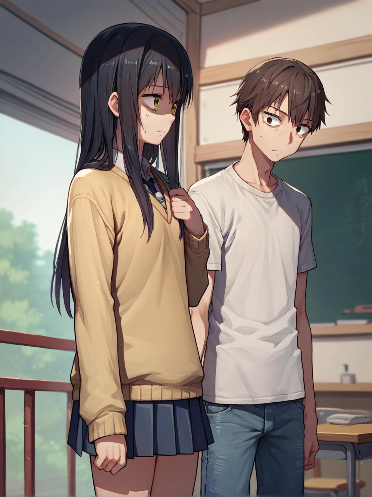 score_9, score_8_up, score_7_up, score_6_up, source_anime, <lora:mieruko-chan_v0.2-pony:1>
1boy, kyousuke, t-shirt, jeans,
1girl, yotsuya miko, school uniform, pleated skirt,
brother, solo,
