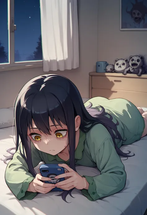 score_9, score_8_up, score_7_up, score_6_up, source_anime, <lora:mieruko-chan_v0.2-pony:1> 1girl, yotsuya miko, green pajamas, holding phone, in bedroom, on stomach, night, ghost,