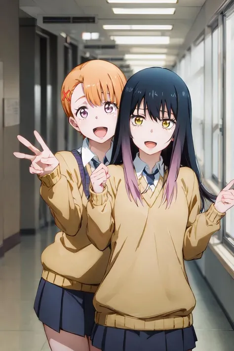 <lora:mieruko-chan_v0.3b:1>,masterpiece,best quality,highres,
1girls,yuri,yotsuya miko,yurikawa hana,pose,taking picture,selfie,school uniform,:d,yellow sweater,white shirt,hallway,masterpiece,best quality,highly detailed,