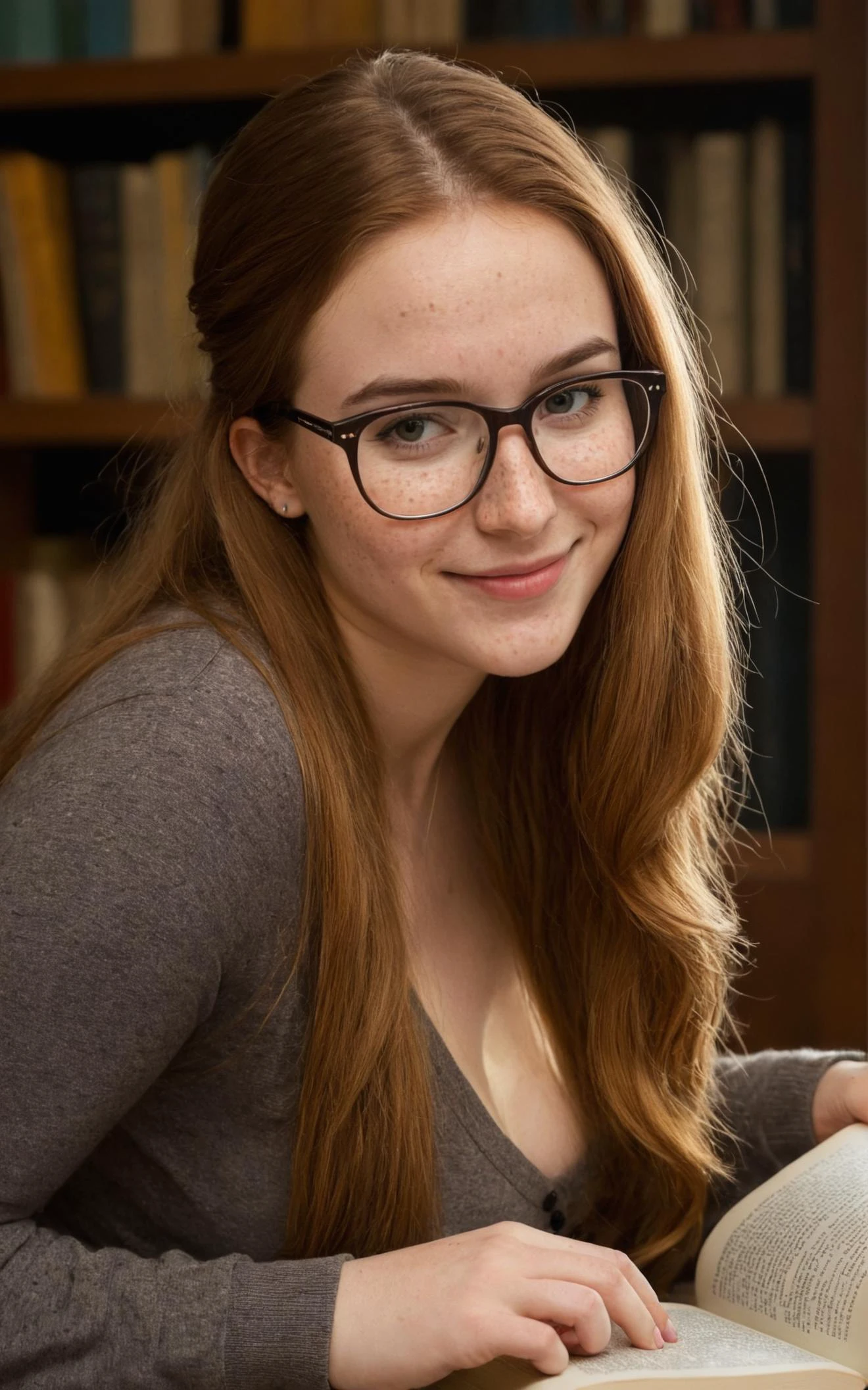 street photography, detailed face, detailed hair, pale busty dorky girl studying in dim light, hunched over a book, woman in her 20s, nerdy, glasses, smiling at you, very long elegant hair, (freckles:0.9), very detailed skin, massive cleavage, (full body portrait:1.3), enormous saggy breasts, big saggy tits, <lora:busty_clothed:0.4>, full body portrait, cute colorful low cut nerdy outfit, shy, cute, (dorky:1.3), huge breasts, ugly, geeky, (nerd:1.3), unattractive, ugly