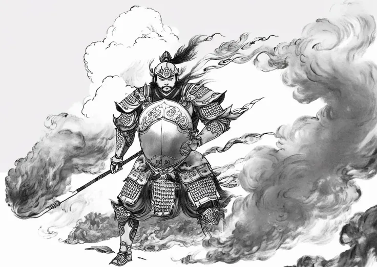 <lora:liyunzhongXL:1>,liyunzhong artstyle,monochrome,greyscale,armor,weapon,holding,solo,sword,holding weapon,shoulder armor,white background,1boy,polearm,male focus,japanese armor,simple background,holding sword,helmet,smoke, battle field background,