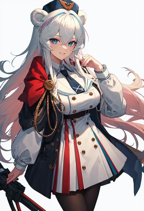 best quality, masterpiece, highres, solo, (rosa_arknights:1.10), 1girl, long sleeves, looking at viewer, black pantyhose, blue necktie, coat, cowboy shot, simple background, white background, pink hair, hand up, jacket, smile, white dress, red bow, 5 <lora:rosa_arknights:0.80>