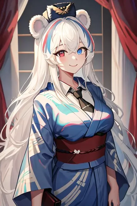 best quality, masterpiece, highres, solo, {yukata:1.40}, {kimono:1.20}, {rosa_arknights:1.15}, animal_ears, bear_ears, long_hair, white_hair, blue_eyes, heterochromia, multicolored_hair, streaked_hair, hat, blue_hair, red_eyes, hair_between_eyes, bangs, necktie, smile, blue_headwear, upper_body, blue_necktie, very_long_hair, breasts