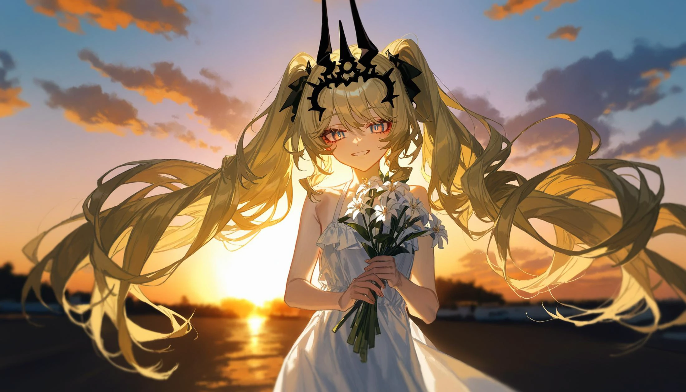 1girl, mobius \(honkai impact\), honkai impact 3rd, by quasarcake, backlighting, bangs, blue sky, cloud, cowboy shot, facing viewer, holding, holding flowers, long hair, outdoors, sky, smile, solo, standing, sunset, teeth
BREAK
bare shoulders, sleeveless, sundress, alternate costume, depth of field, cinematic angle, photo background, head out of frame, alternate hairstyle, twintails, blurry, dim colors