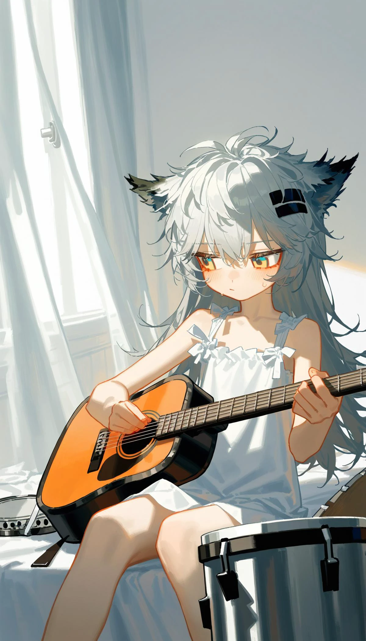 2girls, texas \(arknights\), arknights, by quasarcake, [by tianliang duohe fangdongye], outdoors, white background, white sea,bed sheet, pure, curtains, alternate costume, sundress
BREAK
lappland \(arknights\), sitting, drum, guitar