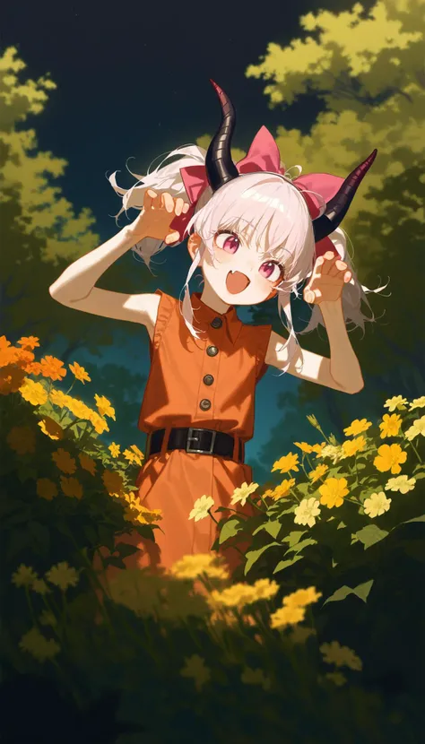1girl, matsukai mao, nijisanji, by quasarcake, [by tianliang duohe fangdongye], 1girl, solo, (bunny pose:1.1), alternate costume, hands up, head tilt, happy, excited, solo, belt, horn ornament, fang, hair bow, sleeveless shirt, outdoors, tree, bush, flower, nature, night, darkness, pyon pyon