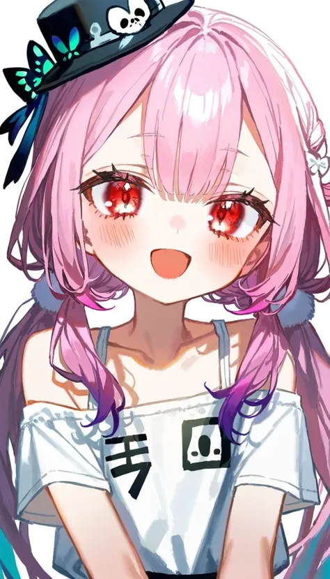 1girl, uruha rushia, hololive, [kanikama:quasarcake:0.218], solo, pink hair, long hair, alternate costume, best quality, very aesthetic, absurdres, white background, hair over shoulder, low twintails, hair between eyes, blush, tilted headwear, hair bun, white shirt, mini hat, single hair bun, simple background, shirt, sidelocks, smile, twintails, upper body, red eyes, hat, collarbone, virtual youtuber, black hat, :d, short sleeves, open mouth, looking at viewer, bare shoulders