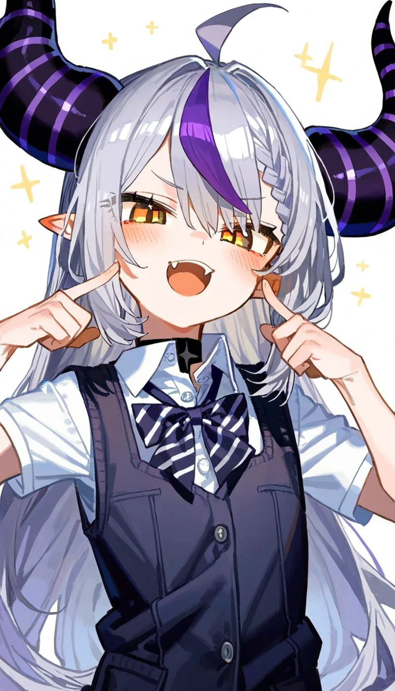 1girl, la+ darknesss, hololive, [ixy:quasarcake:0.218], [m-da s-tarou::14], [kanikama:14], [tianliang duohe fangdongye:20], solo, long hair, alternate costume, best quality, very aesthetic, absurdres, braid, fangs, pointing, horns, demon girl, looking at viewer, grey hair, pointing at self, yellow eyes, demon horns, pointy ears, very long hair, striped horns, blush, braided bangs, virtual youtuber, smile, purple hair, streaked hair, hair between eyes, multicolored hair, ahoge, open mouth, :d, school uniform