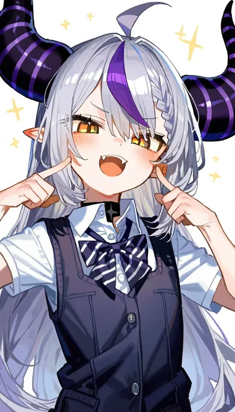 1girl, la+ darknesss, hololive, [ixy:quasarcake:0.218], [m-da s-tarou::14], [kanikama:14], [tianliang duohe fangdongye:20], solo, long hair, alternate costume, best quality, very aesthetic, absurdres, braid, fangs, pointing, horns, demon girl, looking at viewer, grey hair, pointing at self, yellow eyes, demon horns, pointy ears, very long hair, striped horns, blush, braided bangs, virtual youtuber, smile, purple hair, streaked hair, hair between eyes, multicolored hair, ahoge, open mouth, :d, school uniform
