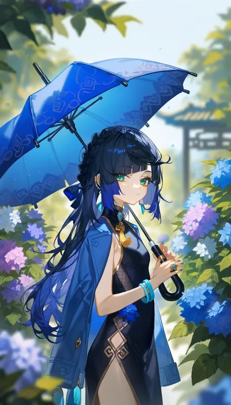 1girl, yelan \(genshin impact\), [cutesexyrobutts:quasarcake:0.3], solo, alternate costume, embroidered, best quality, very aesthetic, absurdres, looking to the side, turtleneck, coat, blurry background, black hair, blue umbrella, coat on shoulders, blurry, hair over one eye, tassel, holding umbrella, green eyes, long sleeves, sideways glance, chinese clothes, holding, china dress, purple nails, looking at viewer, blurry foreground, flower, dress, umbrella, black dress, hydrangea, from side, depth of field, alternate hairstyle, very long hair, aged down