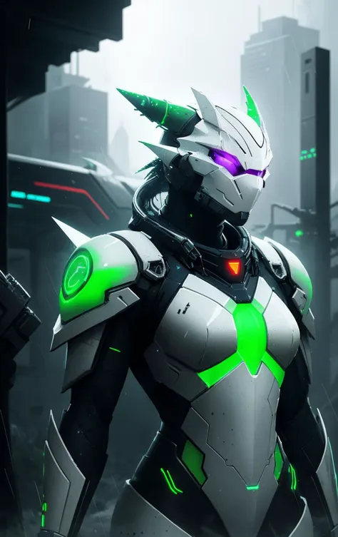 Cyber dragon warrior, white armor, green neon, sci fi concept, cyber dragon warrior from the future, dark atmosphere, light rain, chromatics, digital art