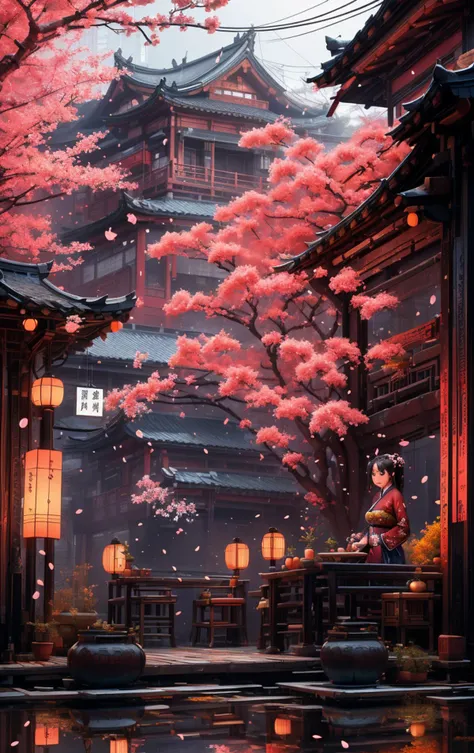 masterpiece, best quality, 8k, 1girl, upper body, cherry blossoms, east asian architecture, petals, potted plant, reflection, red flower, water, chinese clothes, wide shot, autumn leaves <lora:indoor_20230827164629:1>