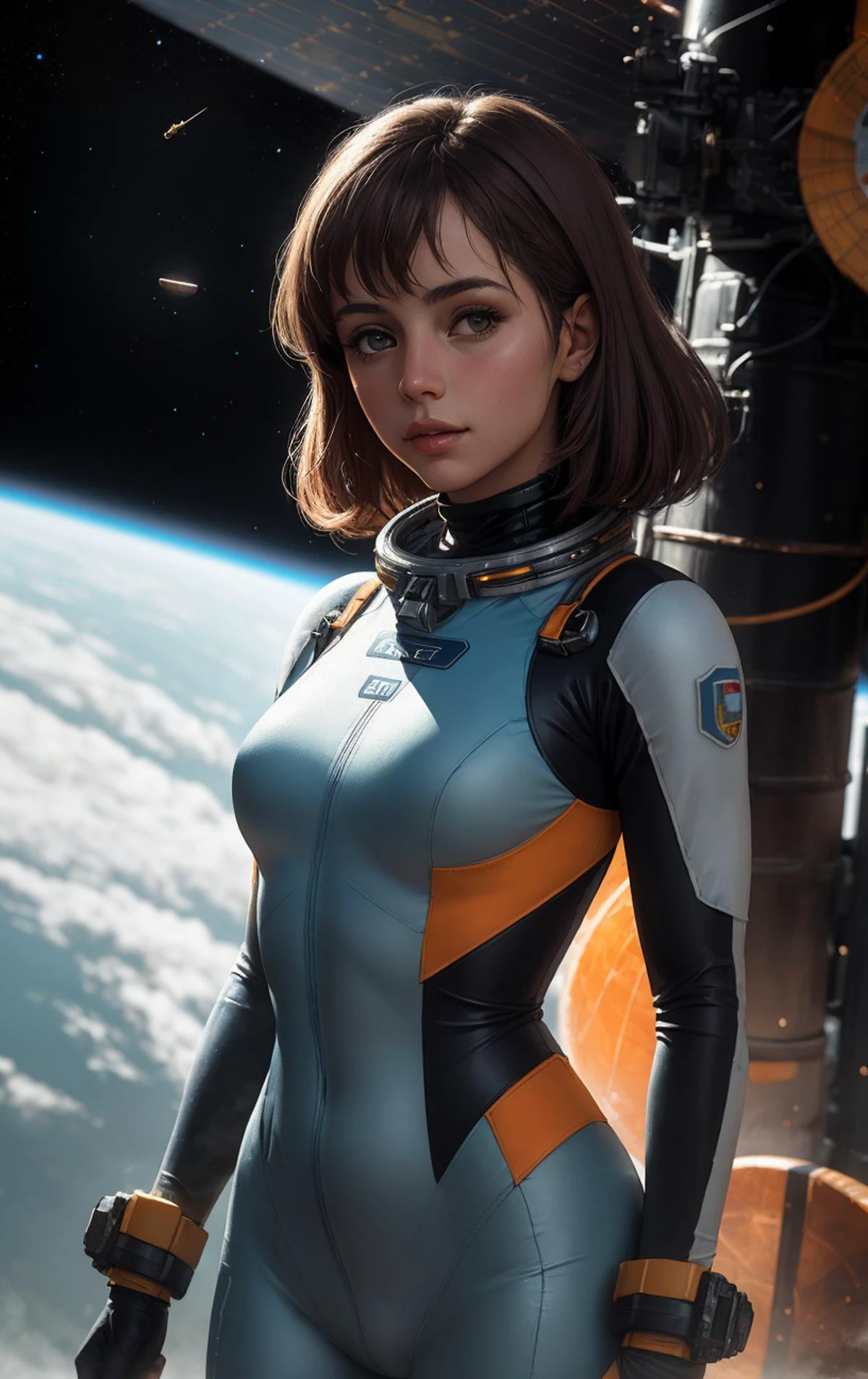 Photo of an Argentinian social worker girl in the surreal planet raphael lacoste, tight soft light suit, detailed background, complex background, blurry, satelite from space