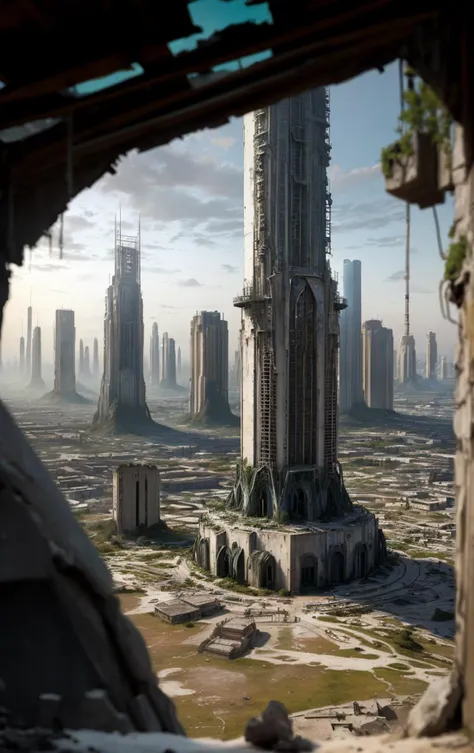 A vast ancient alien city, its decrepit scenery revealing traces of once towering megastructures, (blurry, breathtaking, national geographic:1.5)