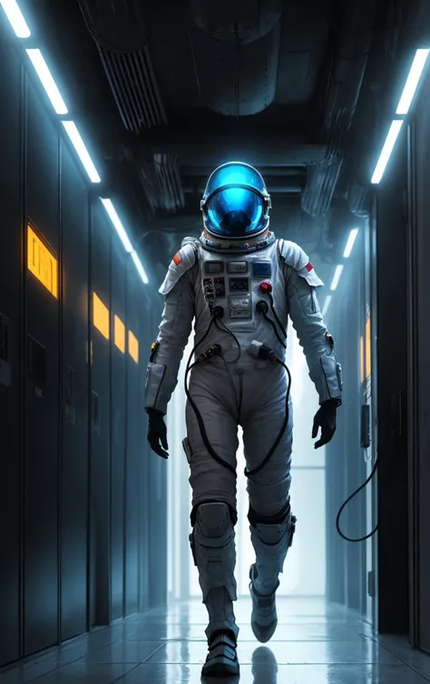 Spaceman of the future in unusual armor, standing in the middle of the corridor of the alien box, on the walls hanging tentacles and alien materials, light blue glow, glossy reflections, dark oppressive atmosphere, glass ceiling, chromatics, digital art