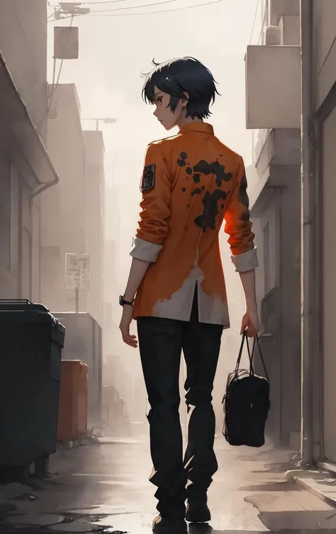 (long shot full body view:1.1) 1boy with French bob and hazel eyes wearing modest orange [ropped_Blazer:high-tech_cyberpunk:0.3] outfit, (Confused:1.2), watercolor splotches background, Backlit, soft lighting, (water color:0.8), anime artwork, anime style, key visual, vibrant, (extremely detailed:1.1), expressive