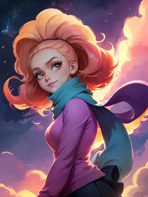 powerpuff girls style, illustration of a girl floating in the sky, scarf, floating hair, close-up, warm soft lighting, sunset, cloud, cloudy sky, (sparks:0.7), (light particles:1.1), volumetric lighting, smug, smirk