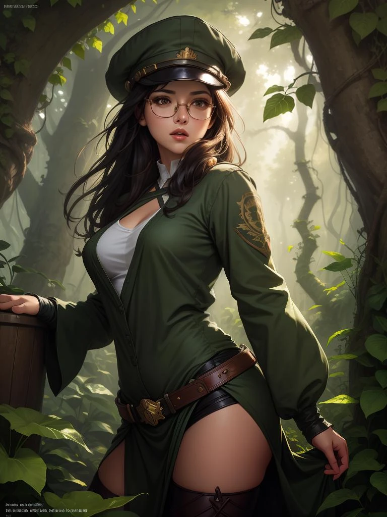 masterpiece, high quality best quality,1girl,artist_name, bare_tree, branch, company_name, forest, glasses, gloves, hat, ivy, jungle, leaf, military, military_uniform, nature, open_mouth, palm_tree, plant, potted_plant, sleeves_rolled_up, solo, tree, uniform, vines, watermark, web_address, art by artgerm and greg rutkowski and alphonse mucha