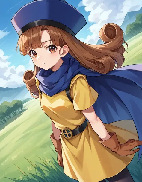 score_9, score_8_up, score_7_up, source_anime,
dqalena, <lora:dq-alena-ponyxl-lora-nochekaiser:1>,
alena, brown eyes, brown hair, curly hair, long hair,
cape, dress, gloves, hat, pantyhose, yellow dress, scarf, short sleeves,
outdoors, plains, grass,
looking at viewer, dutch angle, cowboy shot,