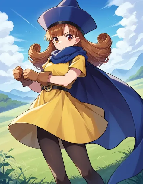 score_9, score_8_up, score_7_up, source_anime,
dqalena, <lora:dq-alena-ponyxl-lora-nochekaiser:1>,
alena, brown eyes, brown hair, curly hair, long hair,
cape, dress, gloves, hat, pantyhose, yellow dress, scarf, short sleeves,
outdoors, plains, grass,
looking at viewer, dutch angle, cowboy shot,