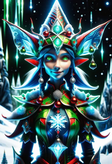 hyper detailed masterpiece, dynamic, awesome quality, blue azure midnight female christmas elf, small humanoid creature, pointed ears, bright and festive attire, red, green, holiday colors, pointed hat with a bell on the tip, merry cheerful expression, rosy cheeks, lively eyes, joyful, industrious, and benevolent, ovate buds crafting hall,gelled lighting mount olympus,poignant surroundings subsurface scattering (sss),antigravity, atomic age,flammable,folklore,bucolic <lora:DonMFr0stP4nkXL:0.55> DonMFr0stP4nkXL, ice, snow, frost <lora:DonMT3chW0rldXL-000009:0.55> DonMT3chW0rldXL <lora:SDXLFrosted:0.55> FrostedStyle