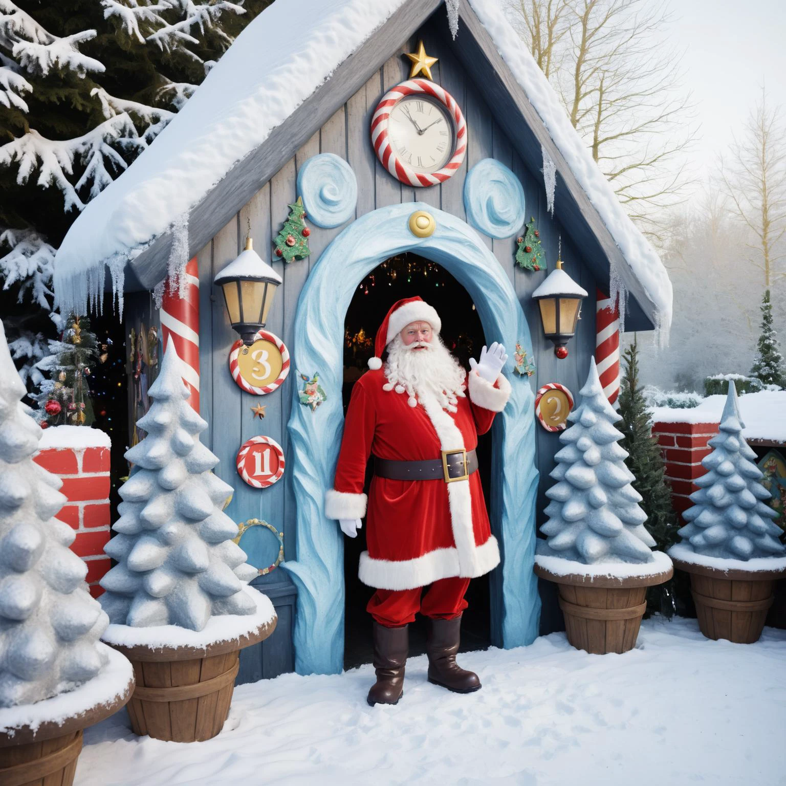 Santa Claus stood outside santas grotto, <lora:DonMFr0stP4nk:1>, DonMFr0stP4nkXL, ice, snow, frost, magical, whimsical, fairytale, fantasy, christmas trees, decorations,
