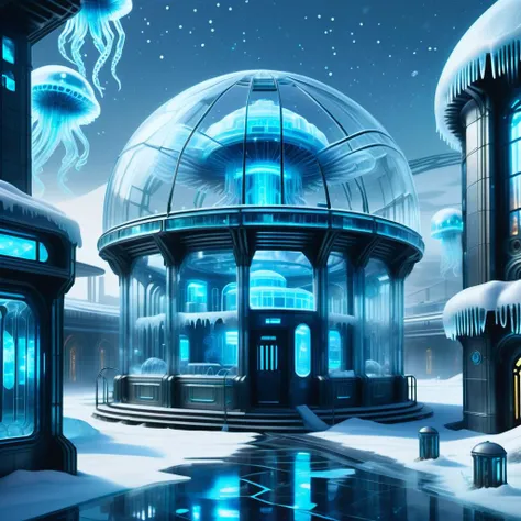 hyper detailed masterpiece, dynamic realistic digital art, awesome quality,DonMFr0stP4nkXL hospitals, composite materials,clay tiles roof,slate,composite materials, bioluminescent jellyfish, string lights (fairy lights),snow, ice <lora:DonMFr0stP4nkXL-000006:1>
