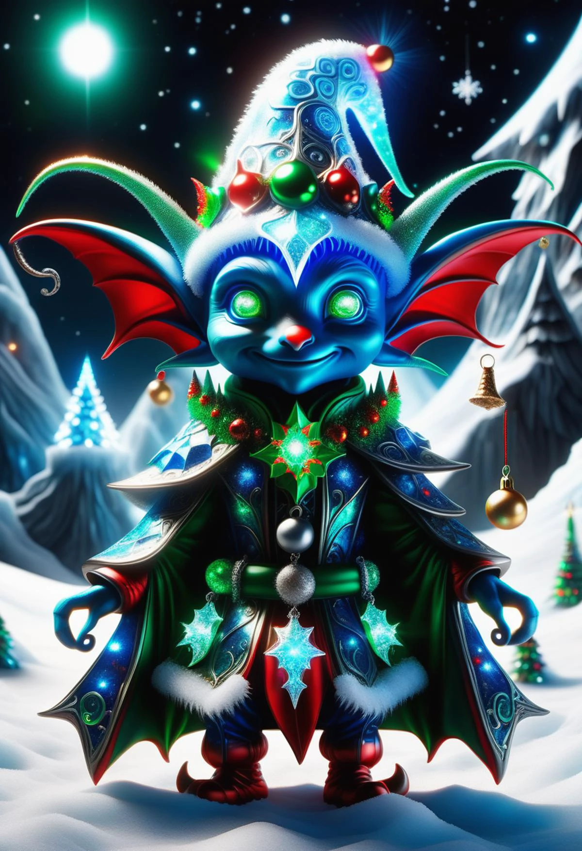 hyper detailed masterpiece, dynamic, awesome quality, blue azure midnight male christmas elf, small humanoid creature, pointed ears, bright and festive attire, red, green, holiday colors, pointed hat with a bell on the tip, merry cheerful expression, rosy cheeks, lively eyes, joyful, industrious, and benevolent, trickling nebula,nubian land,bare island soft particles,dragon curve, zestful <lora:DonMFr0stP4nkXL:0.55> DonMFr0stP4nkXL, ice, snow, frost <lora:DonMT3chW0rldXL-000009:0.55> DonMT3chW0rldXL <lora:SDXLFrosted:0.55> FrostedStyle