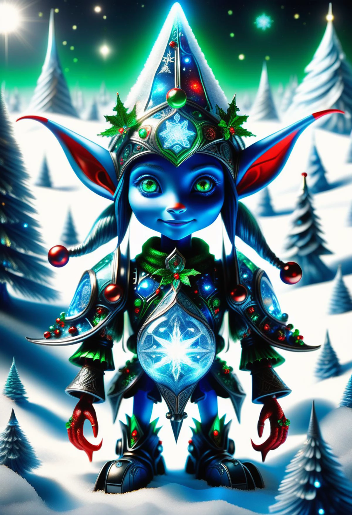 hyper detailed masterpiece, dynamic, awesome quality, blue azure midnight female christmas elf, small humanoid creature, pointed ears, bright and festive attire, red, green, holiday colors, pointed hat with a bell on the tip, merry cheerful expression, rosy cheeks, lively eyes, joyful, industrious, and benevolent, traditional crafts zenith,heroic asteroid,illusory euphoric landscape light attenuation,hénon map, ground,embodied presence,stark beauty,serene,twisting,hydrodynamic,robotics labs,dying,unbelievable,picnics <lora:DonMFr0stP4nkXL:0.55> DonMFr0stP4nkXL, ice, snow, frost <lora:DonMT3chW0rldXL-000009:0.55> DonMT3chW0rldXL <lora:SDXLFrosted:0.55> FrostedStyle