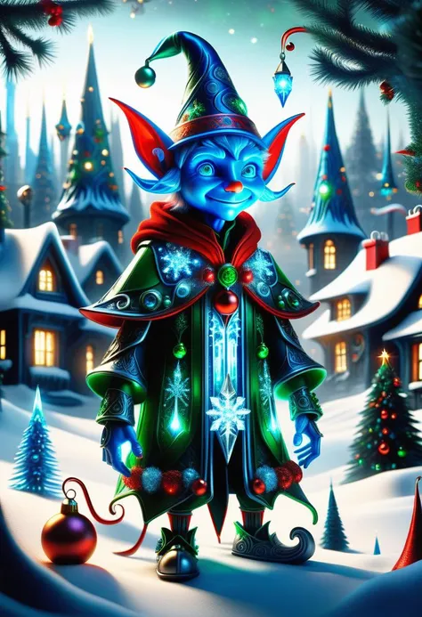 hyper detailed masterpiece, dynamic, awesome quality, blue azure midnight male  christmas elf, small humanoid creature, pointed ears, bright and festive attire, red, green, holiday colors, pointed hat with a bell on the tip, merry cheerful expression, rosy cheeks, lively eyes, joyful, industrious, and benevolent, minimalist lighting industrial city,advanced hideaway,charming dwelling place depth of field (dof),flow state, nestled,pulsating,cultural awareness,molten,elegant,Gloomy,countryside,nature reserves <lora:DonMFr0stP4nkXL:0.55> DonMFr0stP4nkXL, ice, snow, frost <lora:DonMT3chW0rldXL-000009:0.55> DonMT3chW0rldXL <lora:SDXLFrosted:0.55> FrostedStyle