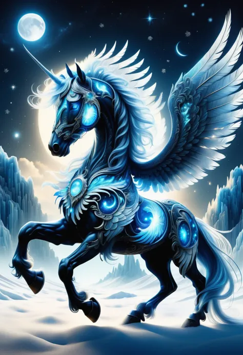 hyper detailed masterpiece, dynamic, awesome quality, blue azure midnight pegasus, mythical majestic winged horse, feathered wings, majestic noble appearance, graceful strong posture, light hues, flowing mane and tail, inspiration, poetic creativity, combustion celestial archipelago of ideas,boreal mount,inclusive old ab's bookstore environment lighting,moonbow, tranquility,unwelcoming,bleak,otherworldly <lora:DonMFr0stP4nkXL:0.45> DonMFr0stP4nkXL, ice, snow, frost <lora:DonMT3chW0rldXL-000009:0.45> DonMT3chW0rldXL <lora:SDXLFrosted:0.45> FrostedStyle