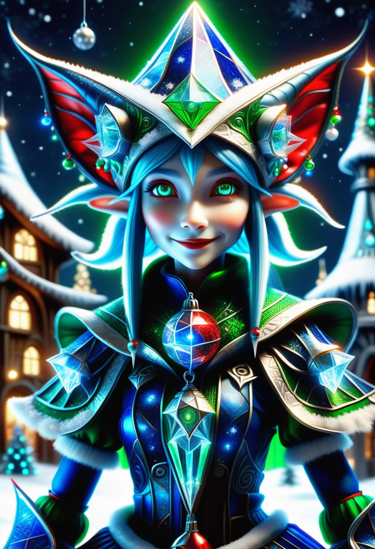 hyper detailed masterpiece, dynamic, awesome quality, blue azure midnight female christmas elf, small humanoid creature, pointed ears, bright and festive attire, red, green, holiday colors, pointed hat with a bell on the tip, merry cheerful expression, rosy cheeks, lively eyes, joyful, industrious, and benevolent, octahedron market square,caiman texture vortex of transformation,art nouveau threat skybox / skydome,comet, seamless operations,dimmed,gravity,dismal,desperate,gelid,modern architecture,risk-taking,holistic <lora:DonMFr0stP4nkXL:0.55> DonMFr0stP4nkXL, ice, snow, frost <lora:DonMT3chW0rldXL-000009:0.55> DonMT3chW0rldXL <lora:SDXLFrosted:0.55> FrostedStyle