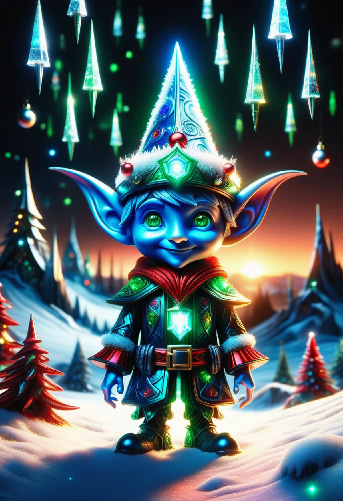 hyper detailed masterpiece, dynamic, awesome quality, blue azure midnight male christmas elf, small humanoid creature, pointed ears, bright and festive attire, red, green, holiday colors, pointed hat with a bell on the tip, merry cheerful expression, rosy cheeks, lively eyes, joyful, industrious, and benevolent, quiet metropolis,poignant seabed,muddy ammunition workshop lens flare,synthwave sunset, collaborative,damp,volcanic,far-out <lora:DonMFr0stP4nkXL:0.55> DonMFr0stP4nkXL, ice, snow, frost <lora:DonMT3chW0rldXL-000009:0.55> DonMT3chW0rldXL <lora:SDXLFrosted:0.55> FrostedStyle