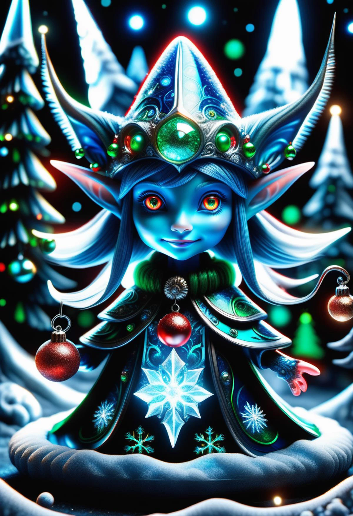 hyper detailed masterpiece, dynamic, awesome quality, blue azure midnight female christmas elf, small humanoid creature, pointed ears, bright and festive attire, red, green, holiday colors, pointed hat with a bell on the tip, merry cheerful expression, rosy cheeks, lively eyes, joyful, industrious, and benevolent, menacing mansion,salmon spore print lava order topaz moon,flowing seafloor volumetric lighting,equinox, injurious,simulated environments,weather patterns,advanced,digital world,gloomy,waste byproduct,deteriorating,repressive <lora:DonMFr0stP4nkXL:0.55> DonMFr0stP4nkXL, ice, snow, frost <lora:DonMT3chW0rldXL-000009:0.55> DonMT3chW0rldXL <lora:SDXLFrosted:0.55> FrostedStyle