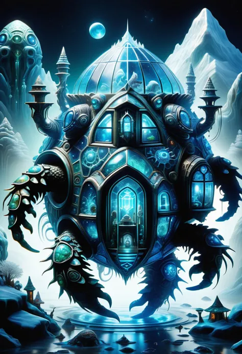 hyper detailed masterpiece, dynamic, awesome quality, blue azure midnight dwarf, water dwelling creature, humanoid appearance with a turtle like shell, webbed hands and feet, beak located on head, dishl-ike depression on its head holding water, greenish scaly skin, strength, mischievous, age-defying terraforming station,aged pottery studio,progress-oriented cottage light attenuation,cosmic dust, earthy fragrance,oxidizing,medical equipment,holy,upscale,cyber,public transportation,countryside,charming <lora:DonMFr0stP4nkXL:0.45> DonMFr0stP4nkXL, ice, snow, frost <lora:DonMT3chW0rldXL-000009:0.45> DonMT3chW0rldXL <lora:SDXLFrosted:0.45> FrostedStyle
