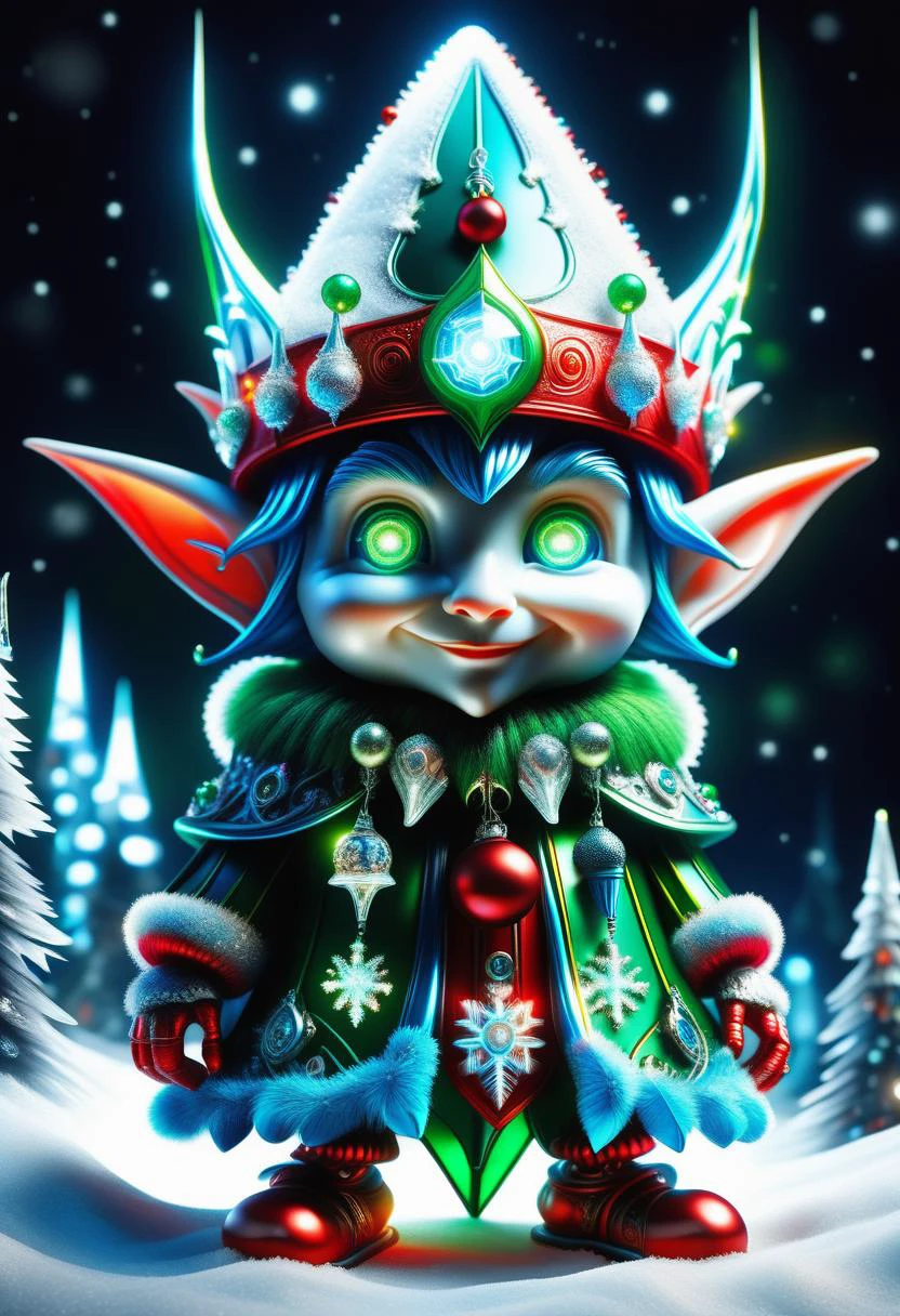 hyper detailed masterpiece, dynamic, awesome quality, blue azure midnight male christmas elf, small humanoid creature, pointed ears, bright and festive attire, red, green, holiday colors, pointed hat with a bell on the tip, merry cheerful expression, rosy cheeks, lively eyes, joyful, industrious, and benevolent, machinic bazaar,bar lighting vent,unusual shore volumetric lighting,mind uploading, deadly,solutions-oriented,sound,unhealthy,fertile <lora:DonMFr0stP4nkXL:0.55> DonMFr0stP4nkXL, ice, snow, frost <lora:DonMT3chW0rldXL-000009:0.55> DonMT3chW0rldXL <lora:SDXLFrosted:0.55> FrostedStyle