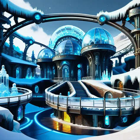 hyper detailed masterpiece, dynamic realistic digital art, awesome quality,DonMFr0stP4nkXL amusement parks, sandstone,rammed earth,slate tiles roof,metal cladding, pathway lights, motion sensor lights,snow, ice <lora:DonMFr0stP4nkXL-000006:1>