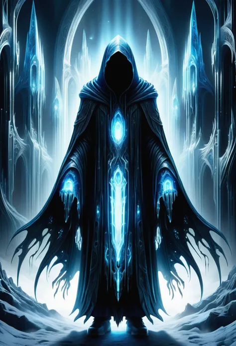 hyper detailed masterpiece, dynamic, awesome quality, blue azure midnight dementor, dark hooded floating humanoid entity, cloaked in tattered hooded robes, ghostly diffuse lower body, face hidden under hood, no distinct features, drains happiness and positive emotions, cold despair inducing aura, soul sucking kiss, fear, despair, darkest aspects of magic, neglected rivendell,spaceship corridor lighting backdrop,ignition estate global illumination,telepathy, festivals,high-performance,unknown,melt,elusive <lora:DonMFr0stP4nkXL:0.45> DonMFr0stP4nkXL, ice, snow, frost <lora:DonMT3chW0rldXL-000009:0.45> DonMT3chW0rldXL <lora:SDXLFrosted:0.45> FrostedStyle