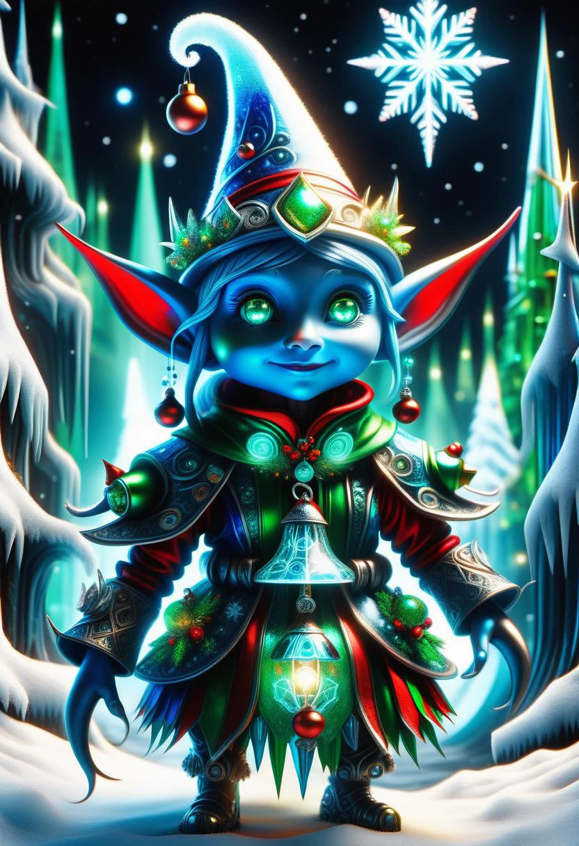 hyper detailed masterpiece, dynamic, awesome quality, blue azure midnight female christmas elf, small humanoid creature, pointed ears, bright and festive attire, red, green, holiday colors, pointed hat with a bell on the tip, merry cheerful expression, rosy cheeks, lively eyes, joyful, industrious, and benevolent, embodied presence waterfront,bubbling seafront,tarnished contamination dispersion (chromatic aberration),techno tornadoes, specialized units,languages,radioactive,kaleidoscopic,ancient landscapes,ageless,pensive <lora:DonMFr0stP4nkXL:0.55> DonMFr0stP4nkXL, ice, snow, frost <lora:DonMT3chW0rldXL-000009:0.55> DonMT3chW0rldXL <lora:SDXLFrosted:0.55> FrostedStyle
