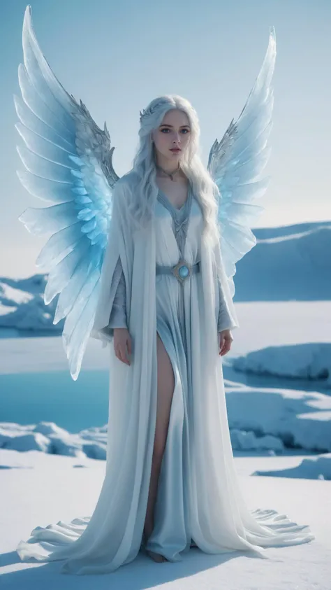 photograph of a woman, frost nymph cosplay, wings made of ice, white silk robes, long wavy blue/white hair, blue makeup, polar landscape, snow, photo taken with an Olympus OM-1, natural light, cowboy shot, ultra-realistic, DonMFr0stP4nkXL, <lora:DonMFr0stP4nkXL:0.8>