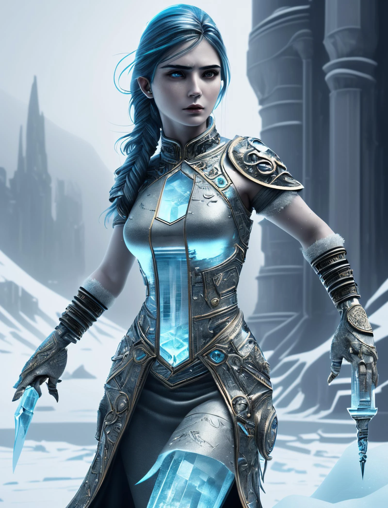 hyper detailed masterpiece, dynamic realistic digital art, awesome quality,DonMFr0stP4nk female kubaz, , flint dagger,snow, ice <lora:DonMFr0stP4nk-000006:0.85>