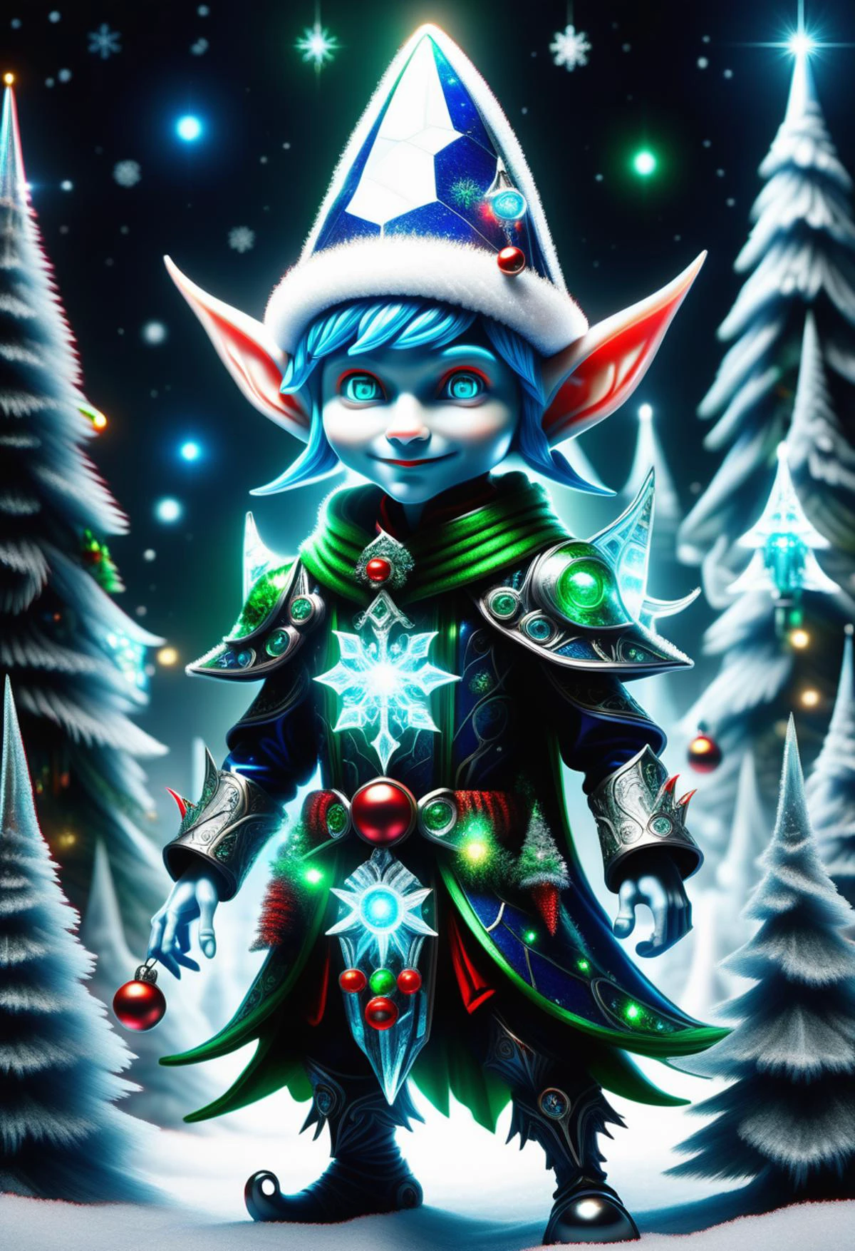hyper detailed masterpiece, dynamic, awesome quality, blue azure midnight male christmas elf, small humanoid creature, pointed ears, bright and festive attire, red, green, holiday colors, pointed hat with a bell on the tip, merry cheerful expression, rosy cheeks, lively eyes, joyful, industrious, and benevolent, fade ingress,aurora demesne,curved comet distortion,cybernetic serendipity, conceptualization,placid,unadorned,ancient growth,dissipate,discordant <lora:DonMFr0stP4nkXL:0.55> DonMFr0stP4nkXL, ice, snow, frost <lora:DonMT3chW0rldXL-000009:0.55> DonMT3chW0rldXL <lora:SDXLFrosted:0.55> FrostedStyle