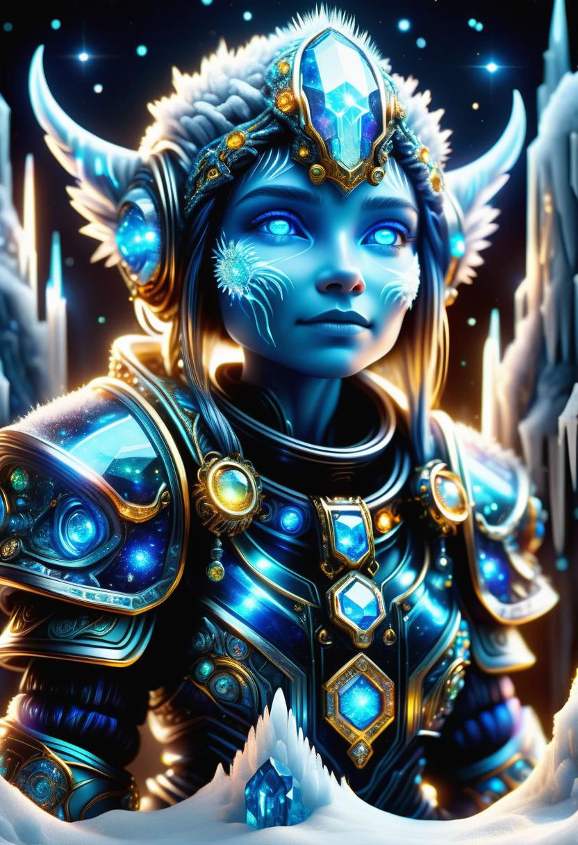 hyper detailed masterpiece, dynamic, awesome quality, blue azure midnight female dwarf, small short fictional humanoid creature, stout, muscular, skilled, hardy, woman, hint of facial hair, fluff, resilience, craftsmanship,gold, gems, french nirvana,herringbone pattern interstellar cosmic dust,rope lights spa glare effects,apollonian gasket, air,gentle,corroding,blackened,time-efficient,rainbow-colored,glistening <lora:DonMFr0stP4nkXL:0.45> DonMFr0stP4nkXL, ice, snow, frost <lora:DonMT3chW0rldXL-000009:0.45> DonMT3chW0rldXL <lora:SDXLFrosted:0.45> FrostedStyle